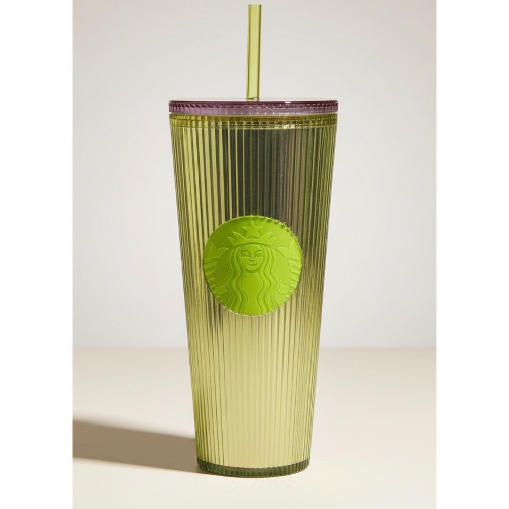 Starbucks 24oz Venti Lime Green Iridescent Pleated Cold Cup Tumbler Purple‎ Lid